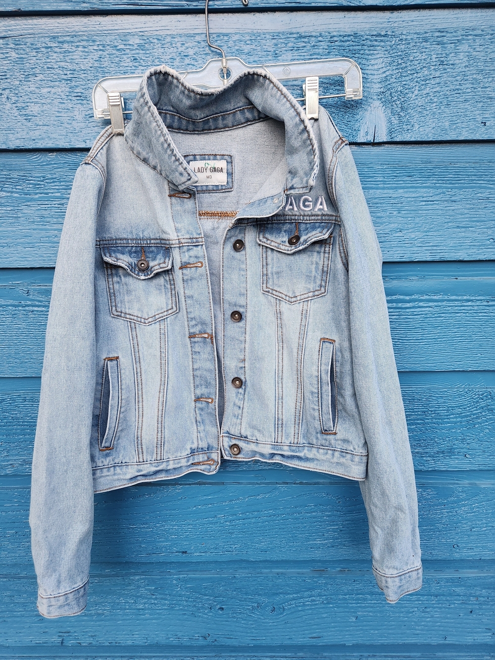 Lady Gaga Light Blue Denim Jean Jacket - GAGA Embroidered - Picture 3 of 8